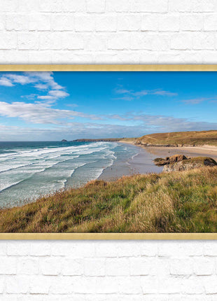 Perranporth beach north cornwall sea view. framed picture print Beach seascape