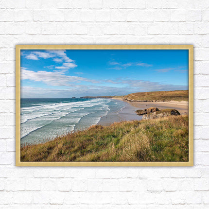 Perranporth beach north cornwall sea view. framed picture print Beach seascape