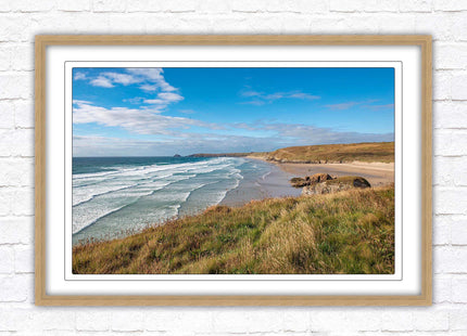 Perranporth beach north cornwall sea view. framed picture print Beach seascape