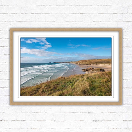 Perranporth beach north cornwall sea view. framed picture print Beach seascape