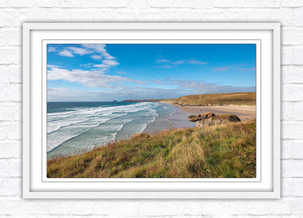 Perranporth beach north cornwall sea view. framed picture print Beach seascape