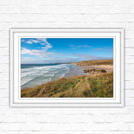 Perranporth beach north cornwall sea view. framed picture print Beach seascape