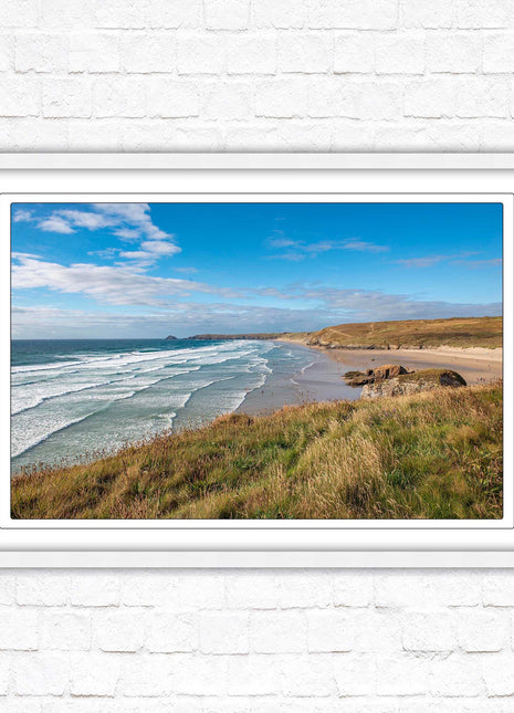 Perranporth beach north cornwall sea view. framed picture print Beach seascape