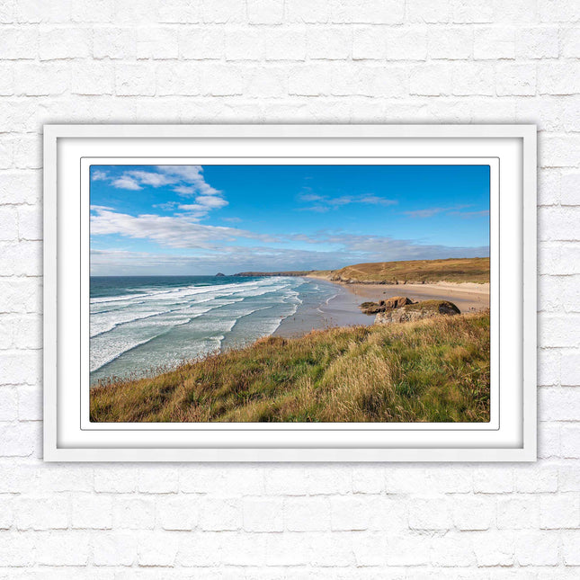 Perranporth beach north cornwall sea view. framed picture print Beach seascape