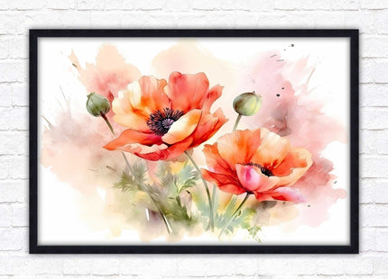 Poppies watercolour image. Framed picture print with choice of frame colours