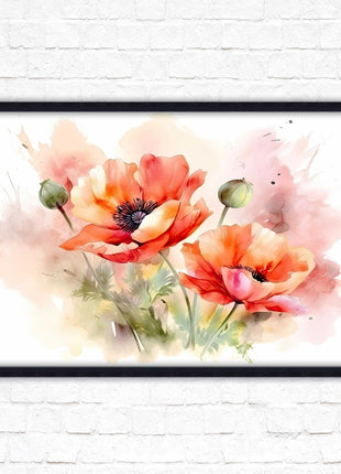 Poppies watercolour image. Framed picture print with choice of frame colours