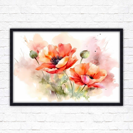 Poppies watercolour image. Framed picture print with choice of frame colours