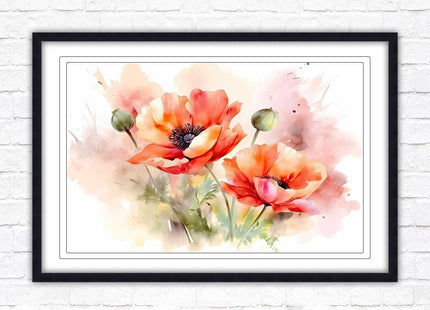Poppies watercolour image. Framed picture print with choice of frame colours
