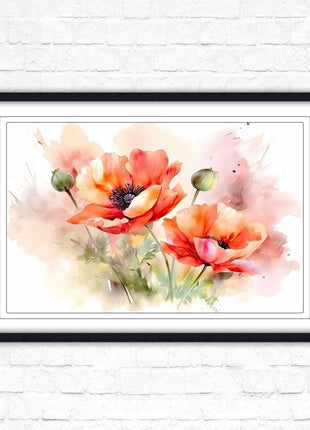 Poppies watercolour image. Framed picture print with choice of frame colours