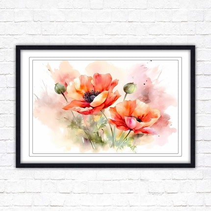 Poppies watercolour image. Framed picture print with choice of frame colours