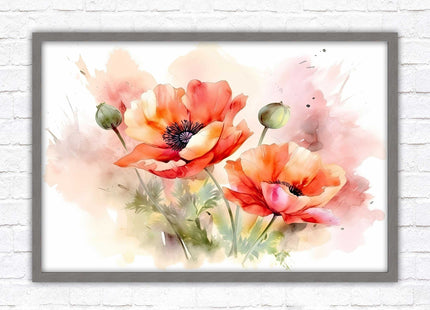 Poppies watercolour image. Framed picture print with choice of frame colours