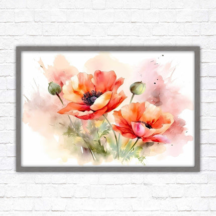 Poppies watercolour image. Framed picture print with choice of frame colours
