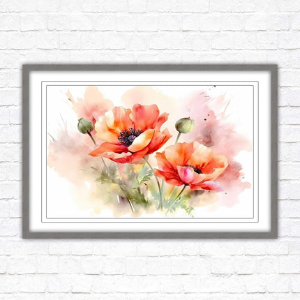 Poppies watercolour image. Framed picture print with choice of frame colours