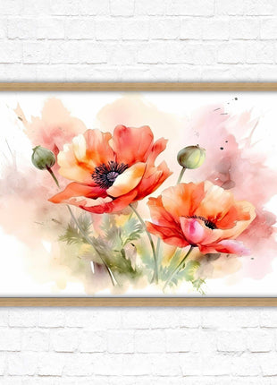 Poppies watercolour image. Framed picture print with choice of frame colours