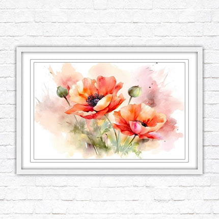 Poppies watercolour image. Framed picture print with choice of frame colours