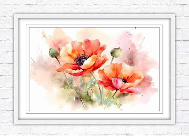 Poppies watercolour image. Framed picture print with choice of frame colours