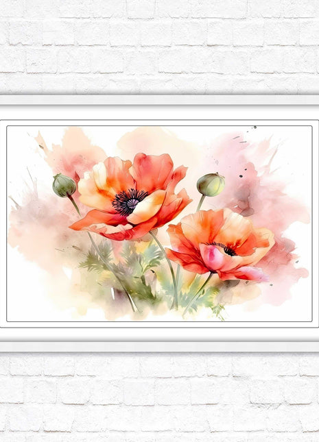 Poppies watercolour image. Framed picture print with choice of frame colours