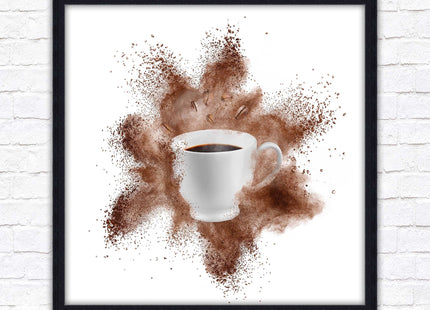 Coffee cup.Bean splash. Framed picture print. Choice of frames colours, square.