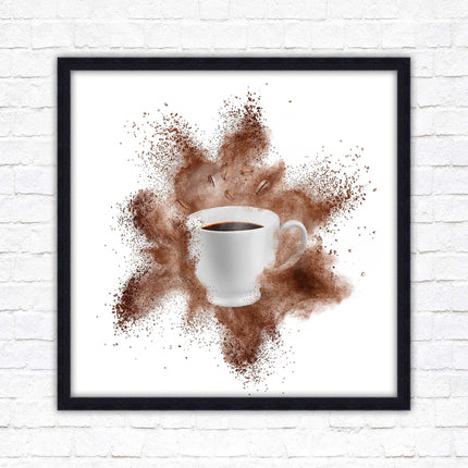 Coffee cup.Bean splash. Framed picture print. Choice of frames colours, square.