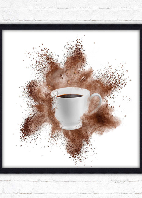 Coffee cup.Bean splash. Framed picture print. Choice of frames colours, square.