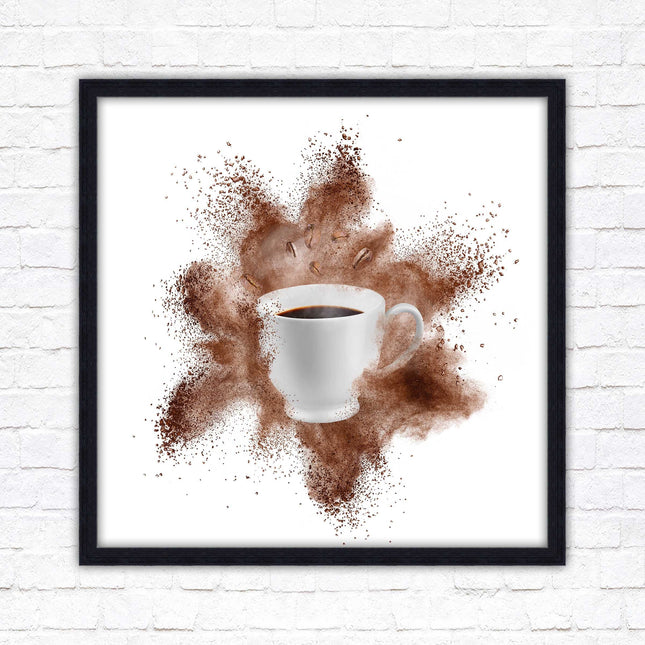 Coffee cup.Bean splash. Framed picture print. Choice of frames colours, square.