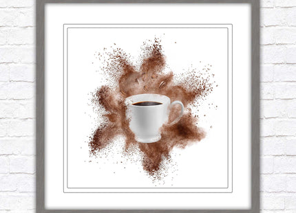 Coffee cup.Bean splash. Framed picture print. Choice of frames colours, square.