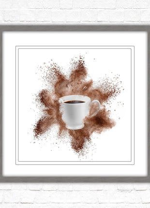 Coffee cup.Bean splash. Framed picture print. Choice of frames colours, square.
