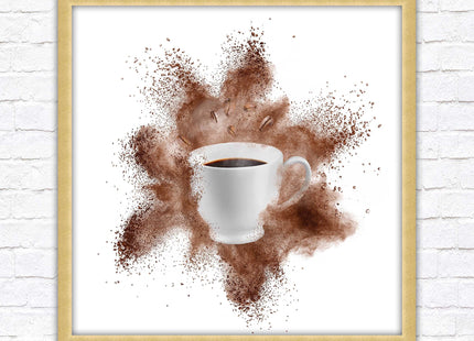 Coffee cup.Bean splash. Framed picture print. Choice of frames colours, square.