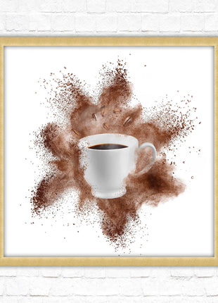 Coffee cup.Bean splash. Framed picture print. Choice of frames colours, square.