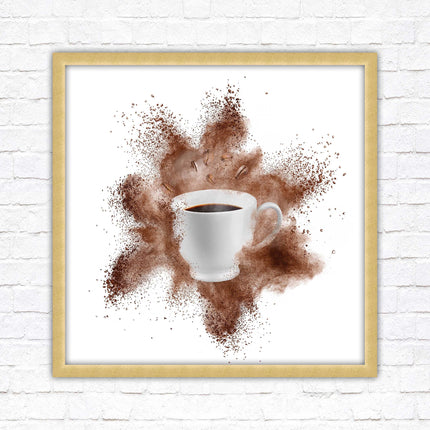 Coffee cup.Bean splash. Framed picture print. Choice of frames colours, square.