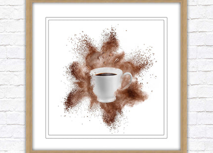 Coffee cup.Bean splash. Framed picture print. Choice of frames colours, square.
