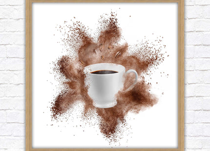Coffee cup.Bean splash. Framed picture print. Choice of frames colours, square.