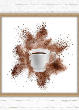 Coffee cup.Bean splash. Framed picture print. Choice of frames colours, square.
