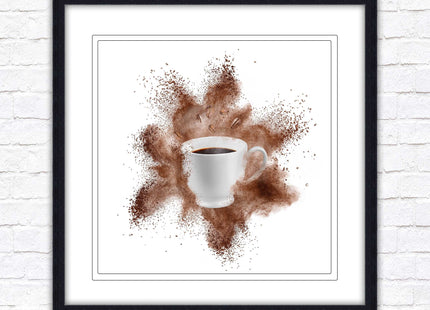 Coffee cup.Bean splash. Framed picture print. Choice of frames colours, square.