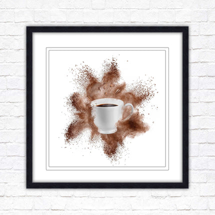 Coffee cup.Bean splash. Framed picture print. Choice of frames colours, square.