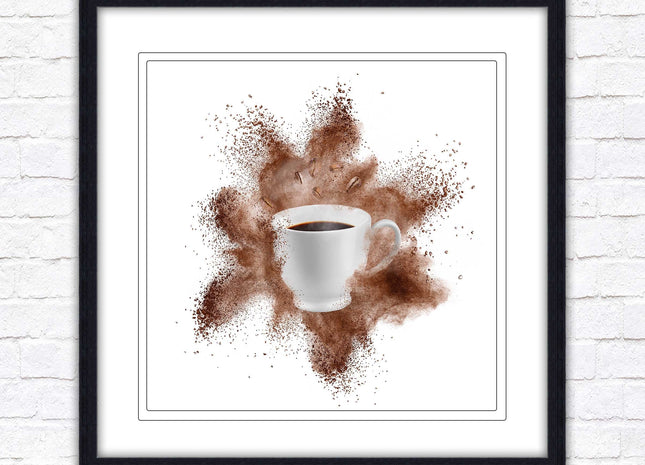 Coffee cup.Bean splash. Framed picture print. Choice of frames colours, square.