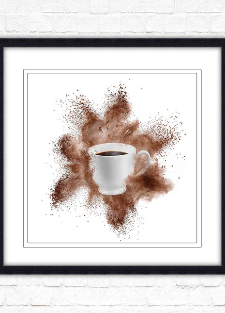 Coffee cup.Bean splash. Framed picture print. Choice of frames colours, square.