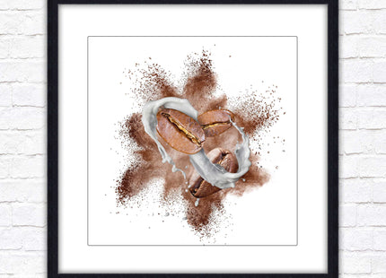 Coffee Bean splash. Framed picture print. A choice of frames and sizes, square.