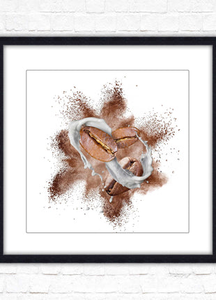 Coffee Bean splash. Framed picture print. A choice of frames and sizes, square.