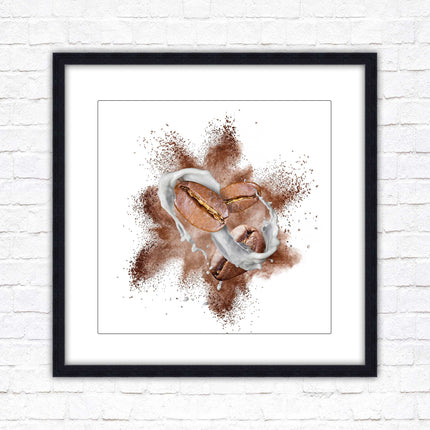 Coffee Bean splash. Framed picture print. A choice of frames and sizes, square.