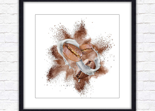 Coffee Bean splash. Framed picture print. A choice of frames and sizes, square.