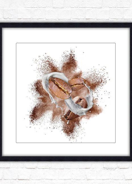 Coffee Bean splash. Framed picture print. A choice of frames and sizes, square.