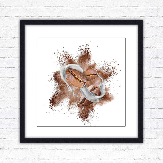 Coffee Bean splash. Framed picture print. A choice of frames and sizes, square.