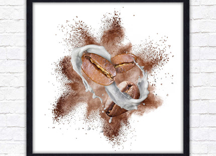 Coffee Bean splash. Framed picture print. A choice of frames and sizes, square.