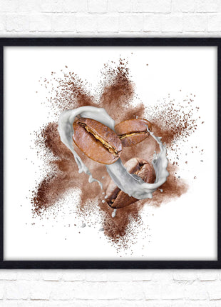 Coffee Bean splash. Framed picture print. A choice of frames and sizes, square.