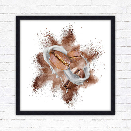 Coffee Bean splash. Framed picture print. A choice of frames and sizes, square.
