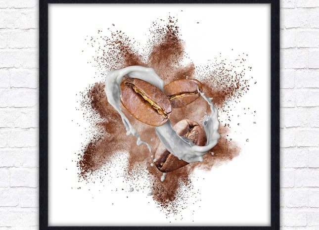 Coffee Bean splash. Framed picture print. A choice of frames and sizes, square.