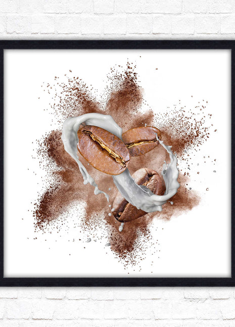 Coffee Bean splash. Framed picture print. A choice of frames and sizes, square.
