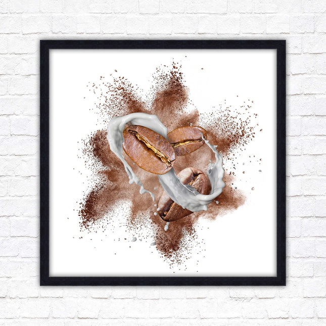 Coffee Bean splash. Framed picture print. A choice of frames and sizes, square.