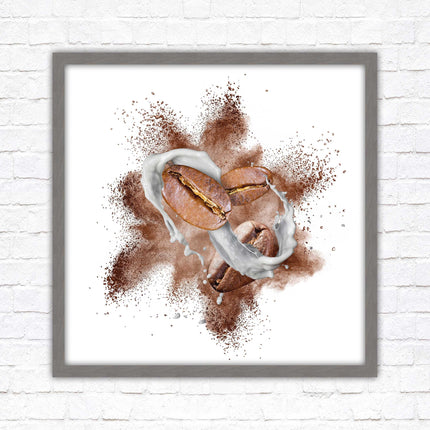 Coffee Bean splash. Framed picture print. A choice of frames and sizes, square.